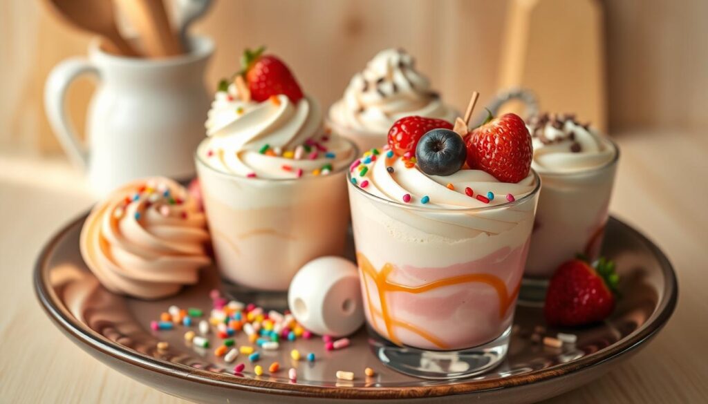 A beautifully arranged dessert plate featuring a creamy, swirled dessert inspired by TikTok trends. In the foreground, showcase a vibrant pastel-colored dessert in a stylish glass cup, adorned with colorful sprinkles, fresh berries, and a drizzle of caramel sauce. In the middle, include an array of similar creamy desserts, some topped with whipped cream and chocolate shavings, creating a lively, enticing display. The background should be softly blurred, hinting at a cozy kitchen setting with light, natural wood textures and pastel-colored utensils. Use warm, natural lighting to evoke a welcoming atmosphere, enhancing the creamy texture of the desserts. Capture the image from a slight overhead angle to highlight the details of the desserts while maintaining an inviting perspective.