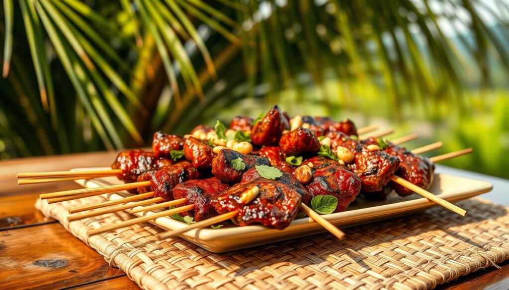 A beautifully arranged plate of Sate Rembiga, featuring grilled skewers of marinated beef, caramelized to perfection with a rich, glossy spicy sauce. The vibrant colors of the dish include deep reds and browns, accentuated by fresh green herbs and a sprinkling of crushed peanuts. The skewers are artistically placed on a traditional woven mat, with a rustic wooden table in the foreground. In the background, a lush tropical setting hints at Lombok's stunning landscapes, with soft sunlight filtering through palm leaves, casting gentle shadows. The atmosphere is warm and inviting, capturing the essence of authentic Indonesian cuisine, focused on the rich flavors and textures of the dish. Create a close-up angle that highlights the sizzling skewers and the vibrant garnishes, ensuring a mouth-watering presentation without any text or distractions.