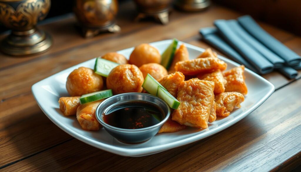 A beautifully arranged plate of pempek palembang, featuring various shapes like spherical and rectangular pieces made from fish meat, specifically ikan tenggiri, garnished with fresh cucumber slices and a small bowl of dark, spicy vinegar sauce on the side. The foreground captures the vibrant colors of the dish, showcasing the golden-brown fried texture of pempek, with the backdrop of a rustic wooden table for warmth. Soft, natural lighting illuminates the scene, enhancing the details and textures of the food. A slight depth of field focuses on the dish, while hints of traditional Indonesian decor enhance the cultural setting. The overall mood is inviting and appetizing, drawing the viewer's eye to the unique culinary delight of Palembang.