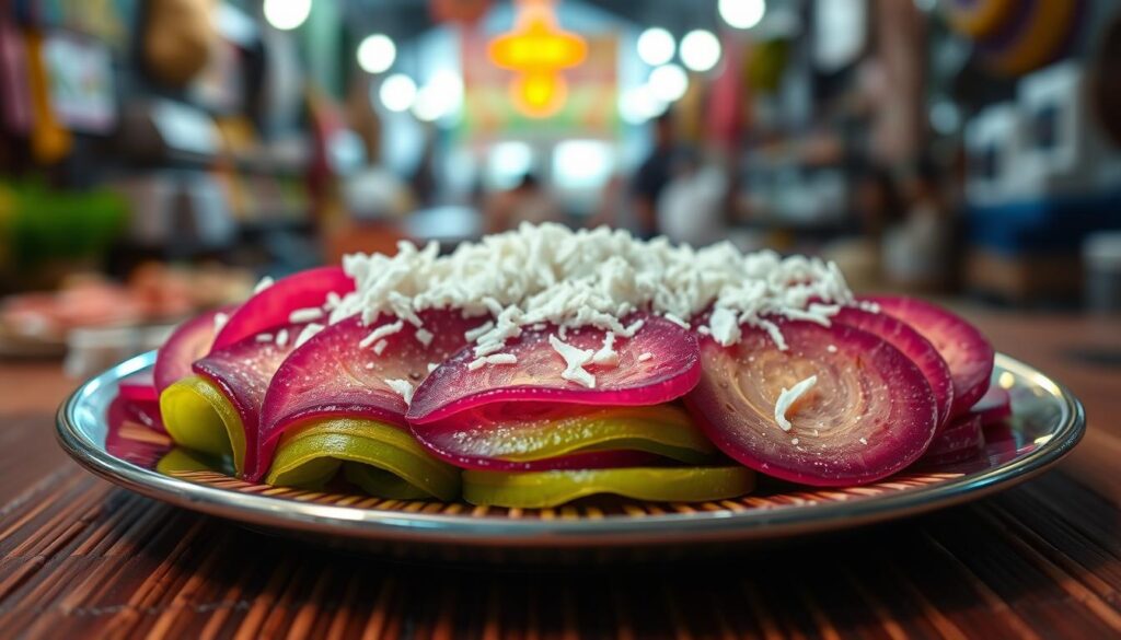 A beautifully arranged plate of traditional Indonesian Getuk Singkong, featuring vibrant layers of cassava, colored with natural dyes like pandan green and bright purple yam. The foreground showcases the delicately sliced pieces, garnished with shredded coconut sprinkled on top, reflecting a fresh, appetizing look. In the middle, a bamboo mat subtly adds a touch of authenticity, with traditional Indonesian batik patterns peeking through. The background features a blurred indoor market setting, softly illuminated by warm, diffused lighting that creates an inviting atmosphere. The overall mood is warm and cultural, celebrating the simplicity and deliciousness of this beloved snack. Capture this scene from a slightly elevated angle, emphasizing the texture and colors while maintaining focus on the Getuk Singkong as the star of the image. A beautifully arranged plate of traditional Indonesian Getuk Singkong, featuring vibrant layers of cassava, colored with natural dyes like pandan green and bright purple yam. The foreground showcases the delicately sliced pieces, garnished with shredded coconut sprinkled on top, reflecting a fresh, appetizing look. In the middle, a bamboo mat subtly adds a touch of authenticity, with traditional Indonesian batik patterns peeking through. The background features a blurred indoor market setting, softly illuminated by warm, diffused lighting that creates an inviting atmosphere. The overall mood is warm and cultural, celebrating the simplicity and deliciousness of this beloved snack. Capture this scene from a slightly elevated angle, emphasizing the texture and colors while maintaining focus on the Getuk Singkong as the star of the image.