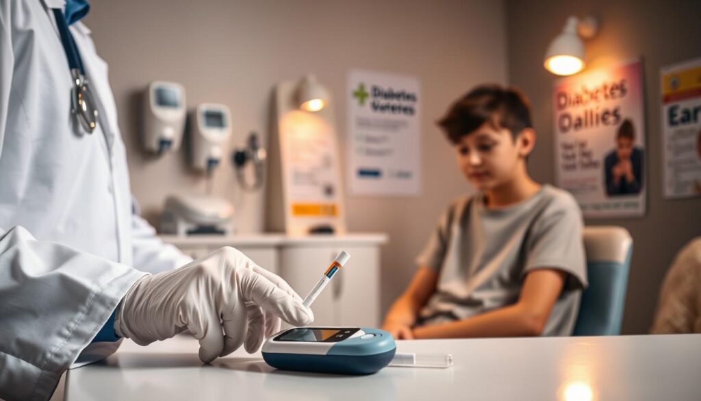 A clinical setting illustrating a diabetes blood glucose test in progress. In the foreground, a professional healthcare worker, dressed in a white lab coat and wearing gloves, is carefully preparing a blood glucose meter and test strips on a clean, sterile surface. In the middle ground, a young individual, shown in modest casual clothing, appears calmly seated, providing a blood sample. The background features a softly lit medical room with diagnostic tools, charts on diabetes awareness, and a poster emphasizing early detection. Warm, inviting lighting enhances a sense of care and professionalism, while a focused angle captures the action and emotion of this important health check. The overall atmosphere conveys a reassuring and informative vibe, emphasizing the significance of early diabetes detection.
