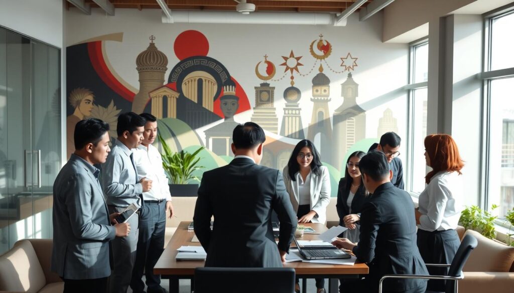 A contemporary government office setting in Indonesia, filled with diverse individuals engaged in discussions and collaboration. In the foreground, a group of professionals in business attire, including men and women of various ethnicities, are gathered around a table with documents and laptops, symbolizing teamwork and governance. The middle ground showcases a large window with natural light flooding the room, plants on the windowsill, and modern furniture conveying a sense of progress. In the background, an abstract mural depicting national unity and cultural symbols of Indonesia adds depth to the scene. The overall mood is focused and dynamic, highlighting the challenges and responsibilities faced by a modern state. Soft daylight casts gentle shadows, creating an inviting atmosphere conducive to dialogue and problem-solving.