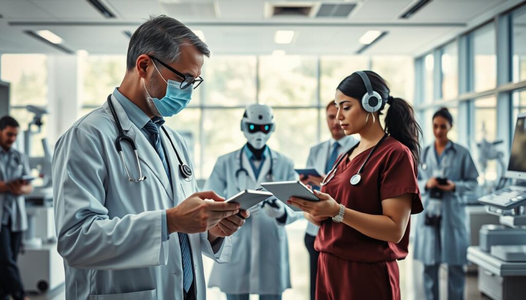 A modern healthcare innovation scene featuring a diverse group of healthcare professionals in smart attire collaborating in a high-tech medical facility. In the foreground, a physician is analyzing data on a holographic display, while a nurse observes vital signs on a sleek digital tablet. The middle ground shows robotic assistance in patient care, with automated systems delivering medication. The background consists of bright, spacious interiors filled with advanced medical equipment and large windows letting in natural light, creating a vibrant atmosphere. Soft, professional lighting enhances the focus on the innovation aspect, with a wide-angle perspective emphasizing the collaborative environment. The mood conveys a sense of progress and dedication to transforming health services through technology.