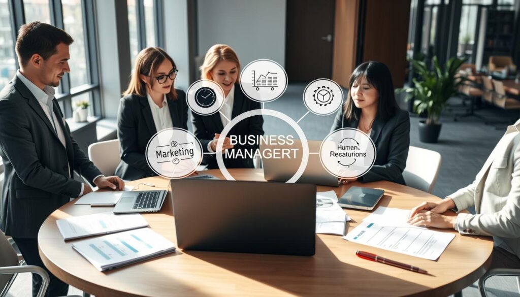 A professional business management environment showcasing the various functional areas of business management. In the foreground, a diverse group of four business professionals, dressed in smart business attire, engages in a strategic meeting around a circular table, with laptops and documents spread out. The middle section features graphical representations such as charts and diagrams illustrating marketing, finance, operations, and human resources, seamlessly integrated into the ambiance. In the background, a modern office with large windows, natural light streaming in, casting soft shadows. The overall atmosphere is collaborative, dynamic, and focused, conveying an environment of teamwork and strategic thinking. The camera angle is slightly elevated, providing a comprehensive view of the interaction.