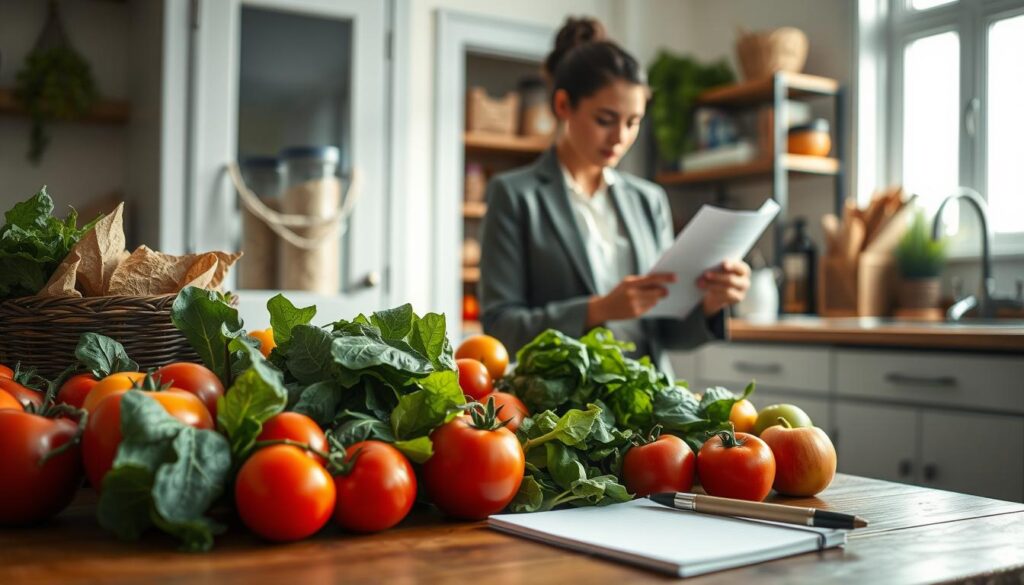 A serene kitchen scene showcasing practical tips for choosing healthy food. In the foreground, a wooden table is adorned with colorful, fresh fruits and vegetables, including tomatoes, spinach, and apples. A notebook and a pen rest nearby, inviting the viewer to jot down notes. In the middle, a person in professional business attire examines a shopping list, their expression thoughtful and engaged. The background features an inviting kitchen space with soft natural light streaming through a window, highlighting a well-organized pantry stocked with grains and healthy snacks. The overall atmosphere is calm and inspiring, encouraging a balanced lifestyle. Ensure the lighting is soft and warm to convey a sense of wellness and positivity. A serene kitchen scene showcasing practical tips for choosing healthy food. In the foreground, a wooden table is adorned with colorful, fresh fruits and vegetables, including tomatoes, spinach, and apples. A notebook and a pen rest nearby, inviting the viewer to jot down notes. In the middle, a person in professional business attire examines a shopping list, their expression thoughtful and engaged. The background features an inviting kitchen space with soft natural light streaming through a window, highlighting a well-organized pantry stocked with grains and healthy snacks. The overall atmosphere is calm and inspiring, encouraging a balanced lifestyle. Ensure the lighting is soft and warm to convey a sense of wellness and positivity.