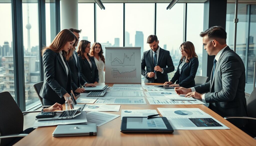 A serene office environment showcasing strategic business planning. In the foreground, a diverse group of professionals in smart business attire, including a woman analyzing financial charts on a laptop and a man sketching a diagram on a whiteboard. The middle ground features a large table covered with documents, graphs, and a digital tablet displaying strategic plans. The background reveals glass windows with a city skyline, allowing natural light to illuminate the space, creating a productive and optimistic atmosphere. Use a wide-angle lens to capture the dynamics and teamwork in this setting, emphasizing collaboration and focus in the strategic planning process.