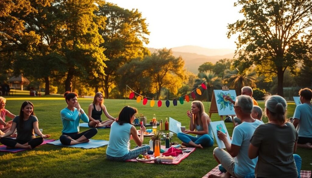 A serene outdoor gathering in a beautifully landscaped park during the late afternoon, with warm golden sunlight casting soft shadows. In the foreground, a diverse group of people in casual, comfortable clothing are enjoying a variety of positive activities: some are practicing yoga on mats, others are sharing a picnic with healthy snacks, while a few are engaging in an art session, painting on canvas. In the middle, we see colorful decorations symbolizing celebration, such as lanterns and garlands. The background features lush green trees and distant hills, conveying a peaceful atmosphere. The overall mood is joyful and relaxed, capturing the essence of positive year-end activities for mental well-being. The image should be framed at a slight angle, emphasizing both the activities and the natural beauty around them, with soft focus on the background. A serene outdoor gathering in a beautifully landscaped park during the late afternoon, with warm golden sunlight casting soft shadows. In the foreground, a diverse group of people in casual, comfortable clothing are enjoying a variety of positive activities: some are practicing yoga on mats, others are sharing a picnic with healthy snacks, while a few are engaging in an art session, painting on canvas. In the middle, we see colorful decorations symbolizing celebration, such as lanterns and garlands. The background features lush green trees and distant hills, conveying a peaceful atmosphere. The overall mood is joyful and relaxed, capturing the essence of positive year-end activities for mental well-being. The image should be framed at a slight angle, emphasizing both the activities and the natural beauty around them, with soft focus on the background.