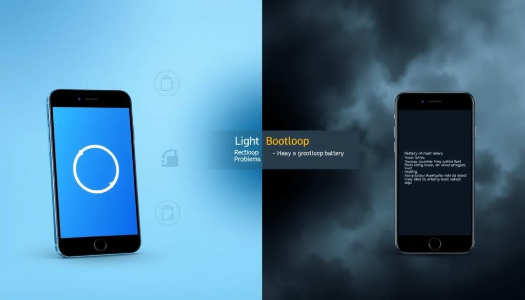 A split-screen illustration depicting the distinction between light and heavy bootloop issues on smartphones. On the left side (foreground), illustrate a phone displaying a simple reboot loop with a soft blue screen, symbolizing light bootloop problems, surrounded by icons representing basic troubleshooting methods (e.g., restart, check battery). In the middle, show a more intense scenario where another phone exhibits a darker screen with error messages, representing heavy bootloop issues, inferring more complex solutions needed. The background should contrast these two scenarios with a gradient that transitions from soft blue to a deep, stormy gray. Use soft, diffused lighting to create an informative and serious atmosphere while maintaining clarity and focus on both scenarios.