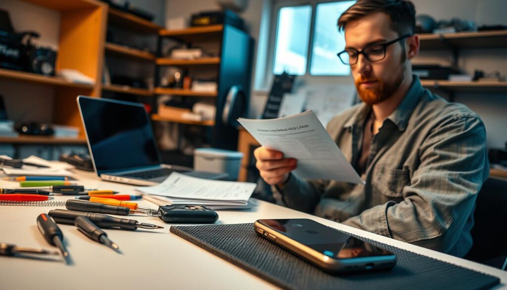 A technician in a well-lit, organized workspace is preparing to fix a bootloop issue on a smartphone. The foreground features a close-up of tools like screwdrivers, a small device opening tool, and a working smartphone on a mat. In the middle, there’s a focused technician in modest casual clothing, studying troubleshooting steps on a laptop, surrounded by manuals and checklists. The background shows shelves with electronic components, a dimly lit window, and gadgets waiting for repair. Soft, warm lighting creates an atmosphere of professionalism and focus. The technician’s expression is calm and determined, embodying the mood of preparedness and confidence before embarking on the repair process.