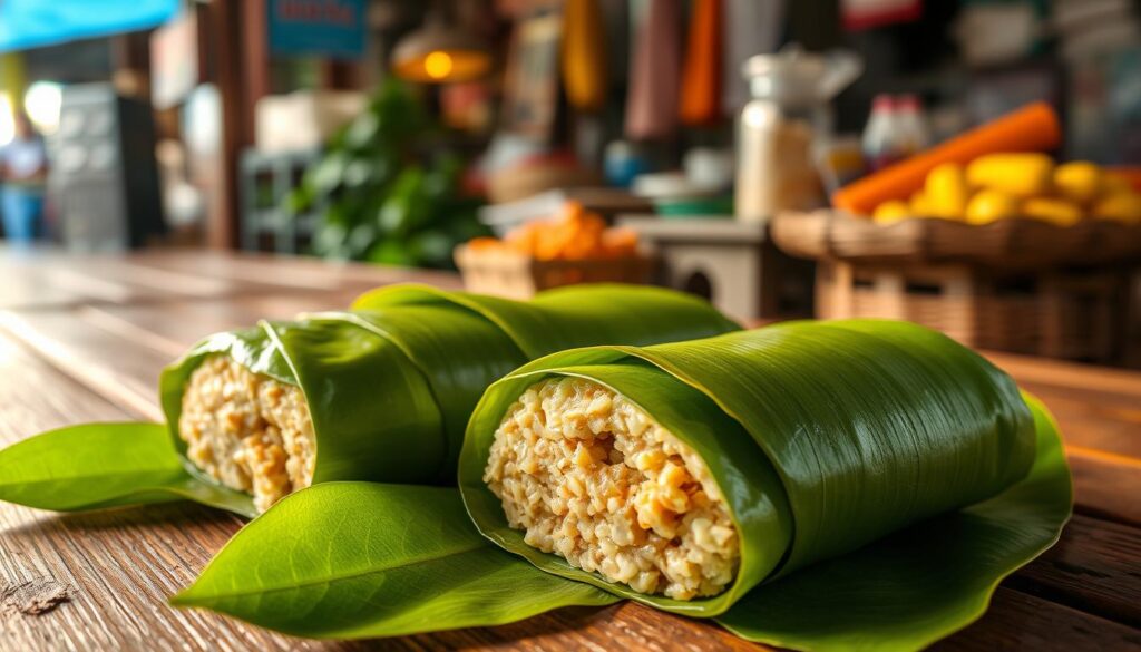 A traditional Indonesian dish, lemper ketan isi ayam, elegantly wrapped in green banana leaves, showcasing its delicate texture and rich filling. In the foreground, the lemper is artfully arranged on a rustic wooden table, with vibrant green leaves surrounding it. In the middle ground, a soft, warm light highlights the glossy surface of the banana leaves, creating an inviting and appetizing look. The background features a subtle blur of Indonesian market elements, hinting at the culture and atmosphere of street food stalls. The scene conveys a warm, inviting mood, emphasizing the delicious and satisfying nature of this popular snack. Use a natural, soft focus lens to enhance the depth of field and evoke a sense of culinary warmth. A traditional Indonesian dish, lemper ketan isi ayam, elegantly wrapped in green banana leaves, showcasing its delicate texture and rich filling. In the foreground, the lemper is artfully arranged on a rustic wooden table, with vibrant green leaves surrounding it. In the middle ground, a soft, warm light highlights the glossy surface of the banana leaves, creating an inviting and appetizing look. The background features a subtle blur of Indonesian market elements, hinting at the culture and atmosphere of street food stalls. The scene conveys a warm, inviting mood, emphasizing the delicious and satisfying nature of this popular snack. Use a natural, soft focus lens to enhance the depth of field and evoke a sense of culinary warmth.