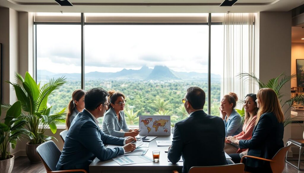 A vibrant image capturing a professional meeting scene focused on coordinating tourism strategies for the rainy season in Bali. In the foreground, a diverse group of professionals in business attire are engaged in a discussion, with charts and maps on the table, indicating planning for the upcoming holiday season. The middle ground features a large window showcasing a picturesque view of Bali's lush greenery under a cloudy sky, hinting at the upcoming rain. The background includes elements like tropical plants and a gently lit office space, creating a collaborative atmosphere. Soft natural light enters through the window, enhancing the scene's warmth and optimism, encapsulating the anticipation of welcoming tourists despite the seasonal changes.