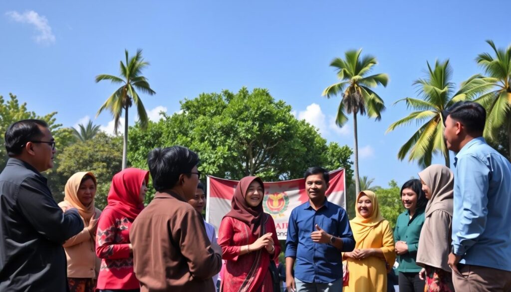 A vibrant scene depicting democracy in Indonesia, showing a diverse group of Indonesian citizens engaged in a community meeting in a park. In the foreground, a mix of men and women in professional and modest casual attire, animatedly discussing political topics and sharing ideas. The middle ground features traditional Indonesian elements like a banner with symbols representing democracy and unity. In the background, lush tropical trees with the Indonesian flag waving in the breeze under a clear blue sky, symbolizing hope and progress. The lighting is bright and warm, creating an inviting and optimistic atmosphere. The scene is captured from a slightly elevated angle, offering a panoramic view of the gathering, emphasizing collaboration and civic engagement.