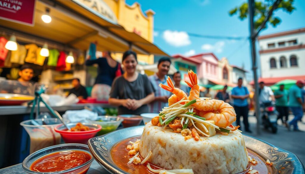 A vibrant street food scene featuring "Lontong Balap Pak Gendut," a traditional Indonesian dish from Surabaya. In the foreground, a colorful serving of lontong (rice cakes) topped with sprightly shrimp, fried tofu, and fresh bean sprouts, surrounded by an array of spicy sambal and complementary sauces. The middle ground showcases a bustling outdoor market with food vendors, where smiling locals in modest casual clothing engage with customers, creating an inviting atmosphere. In the background, typical Surabaya architecture under a bright blue sky adds cultural context. The scene is brightly lit, capturing the lively essence of street food culture, shot with a wide-angle lens for depth and immersive detail.