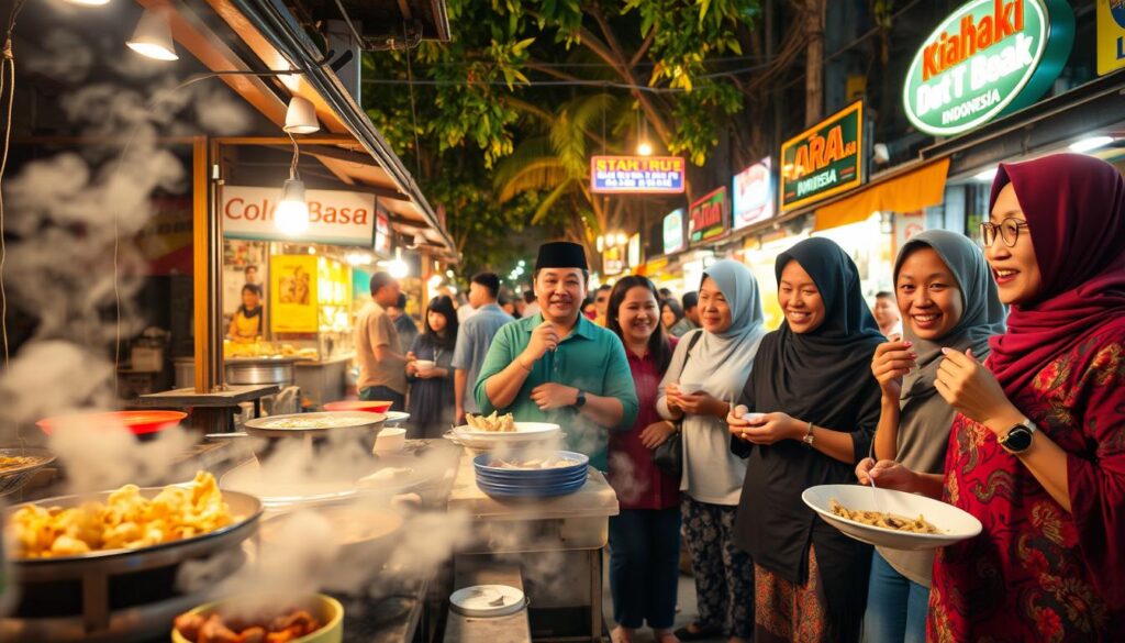 A vibrant street food scene in Solo, Indonesia, showcasing a bustling night market filled with colorful food stalls. In the foreground, a vendor prepares traditional dishes like Soto, Gudeg, and Satay over an open flame, steam rising in the warm evening air. The middle layer features local visitors, dressed in modest casual clothing, eagerly tasting food samples and sharing smiles. The background reveals lush tropical trees and illuminated signs of nearby stalls, creating a lively atmosphere. The warm golden lighting casts inviting shadows, enhancing the richness of the food. Use a wide-angle lens to capture the dynamic energy of the market, conveying a sense of community and culinary exploration.