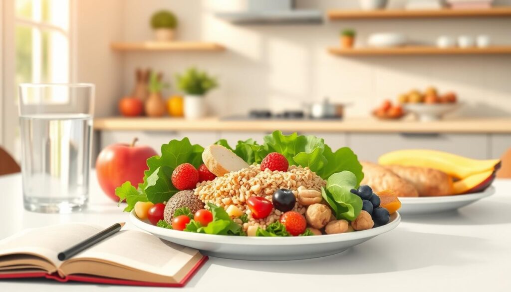 A visually engaging illustration depicting the core principles of balanced nutrition. In the foreground, a colorful, neatly arranged plate showcasing a variety of healthy foods: vibrant fruits like apples and berries, leafy greens, whole grains like quinoa, and high-quality protein sources such as lean chicken or legumes. In the middle ground, a table setting with a glass of water and an open notebook with a pencil, symbolizing mindful eating and planning. The background features subtle hints of a modern kitchen, with warm, natural lighting filtering in through a window, creating a calm and inviting atmosphere. The mood should convey wellness, balance, and a holistic approach to healthy eating.