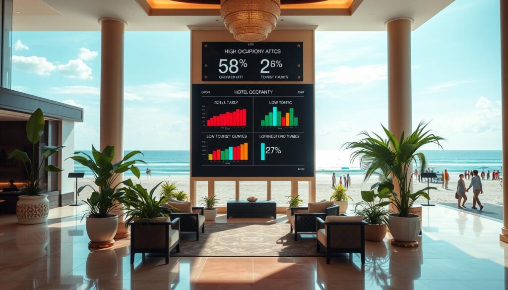 A visually striking image representing the paradox of hotel occupancy versus tourist numbers in Bali. In the foreground, showcase an empty, luxurious hotel lobby with elegant decor, such as tropical plants and ornate furniture, conveying a sense of quietness. In the middle ground, include a large digital display screen featuring contrasting statistics, such as high occupancy rates and low tourist counts, visually represented with graphs or infographics. The background should depict a serene, pristine beach scene under a bright blue sky, with distant silhouettes of tourists enjoying the beach, emphasizing low foot traffic. Soft, natural lighting creates a warm and inviting atmosphere, suggesting a juxtaposition of abundance and absence, captured from a slightly elevated angle for a comprehensive view.