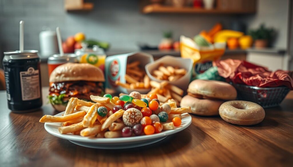 An image showcasing a variety of unhealthy foods that should be limited, arranged on a wooden dining table. In the foreground, a plate filled with greasy fast food items like burgers and fries, sugary donuts, and brightly colored candies. In the middle, a partially opened carton of sugary drinks, and bags of chips spilling over. The background features a blurred kitchen setting with fruits and vegetables lined on a countertop, symbolizing healthier choices. Soft, warm lighting casts gentle shadows, creating a realistic and inviting atmosphere. The angle should be slightly above the table, focusing on the unhealthy options while subtly suggesting the presence of healthier foods in the background. The mood is cautionary yet informative, encouraging better eating habits without portraying excess negativity. An image showcasing a variety of unhealthy foods that should be limited, arranged on a wooden dining table. In the foreground, a plate filled with greasy fast food items like burgers and fries, sugary donuts, and brightly colored candies. In the middle, a partially opened carton of sugary drinks, and bags of chips spilling over. The background features a blurred kitchen setting with fruits and vegetables lined on a countertop, symbolizing healthier choices. Soft, warm lighting casts gentle shadows, creating a realistic and inviting atmosphere. The angle should be slightly above the table, focusing on the unhealthy options while subtly suggesting the presence of healthier foods in the background. The mood is cautionary yet informative, encouraging better eating habits without portraying excess negativity.