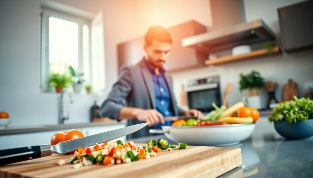 a busy professional in a modern kitchen, preparing a colorful, healthy meal with fresh vegetables and whole grains. The foreground features a stylish cutting board with chopped ingredients and a sleek knife, while the middle shows the individual, dressed in smart casual attire, cooking with focus and determination. In the background, a well-organized kitchen with natural light streaming through a window, creating a warm and inviting atmosphere. The overall mood is energetic and vibrant, emphasizing the balance between a healthy lifestyle and a busy schedule. The composition highlights practicality and efficiency in meal preparation, with an emphasis on wholesome food choices.