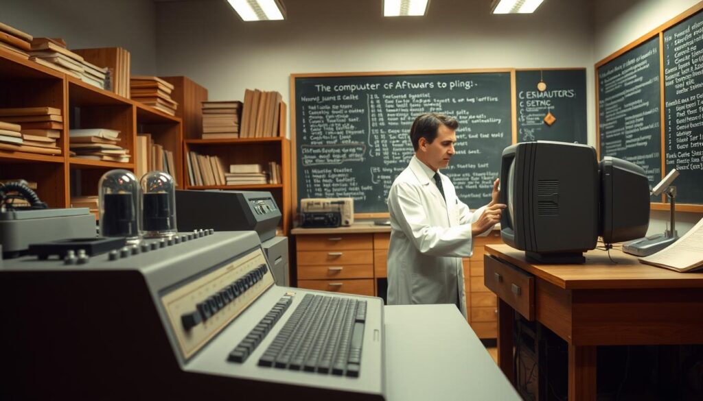 A retro-inspired 1950s computer laboratory featuring the first generation of software technology. In the foreground, an early computer with a punched card reader and large vacuum tubes, showcasing intricate wiring and circuitry. In the middle, a scientist in a lab coat, intently programming on a bulky monitor, demonstrating focus and curiosity. The background includes shelves of old computing manuals and a chalkboard filled with code snippets and mathematical equations. Soft, ambient light illuminates the room, casting gentle shadows and highlighting the vintage aesthetic. The overall atmosphere is one of exploration and innovation, evoking a sense of nostalgia for the dawn of computing technology.
