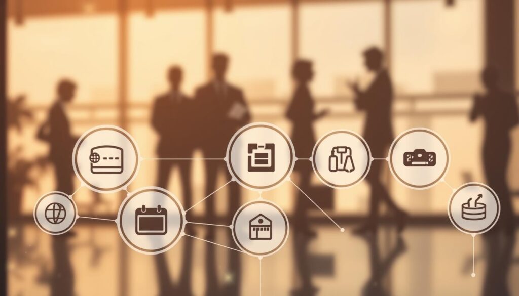 A visually engaging illustration depicting various software categories based on distribution models. In the foreground, feature interconnected circles representing different software types such as open-source, proprietary, and freemium, each with distinctive symbols. The middle ground can include subtle digital patterns that symbolize data flow and connectivity between categories. In the background, gently blurred silhouettes of a modern office environment, hinting at technological advancement, with soft lighting accentuating the shapes. Use a warm color palette to convey innovation and collaboration, captured with a slightly tilted angle to give a dynamic feel. The atmosphere should be professional yet creative, inspiring a sense of progress in the software landscape.